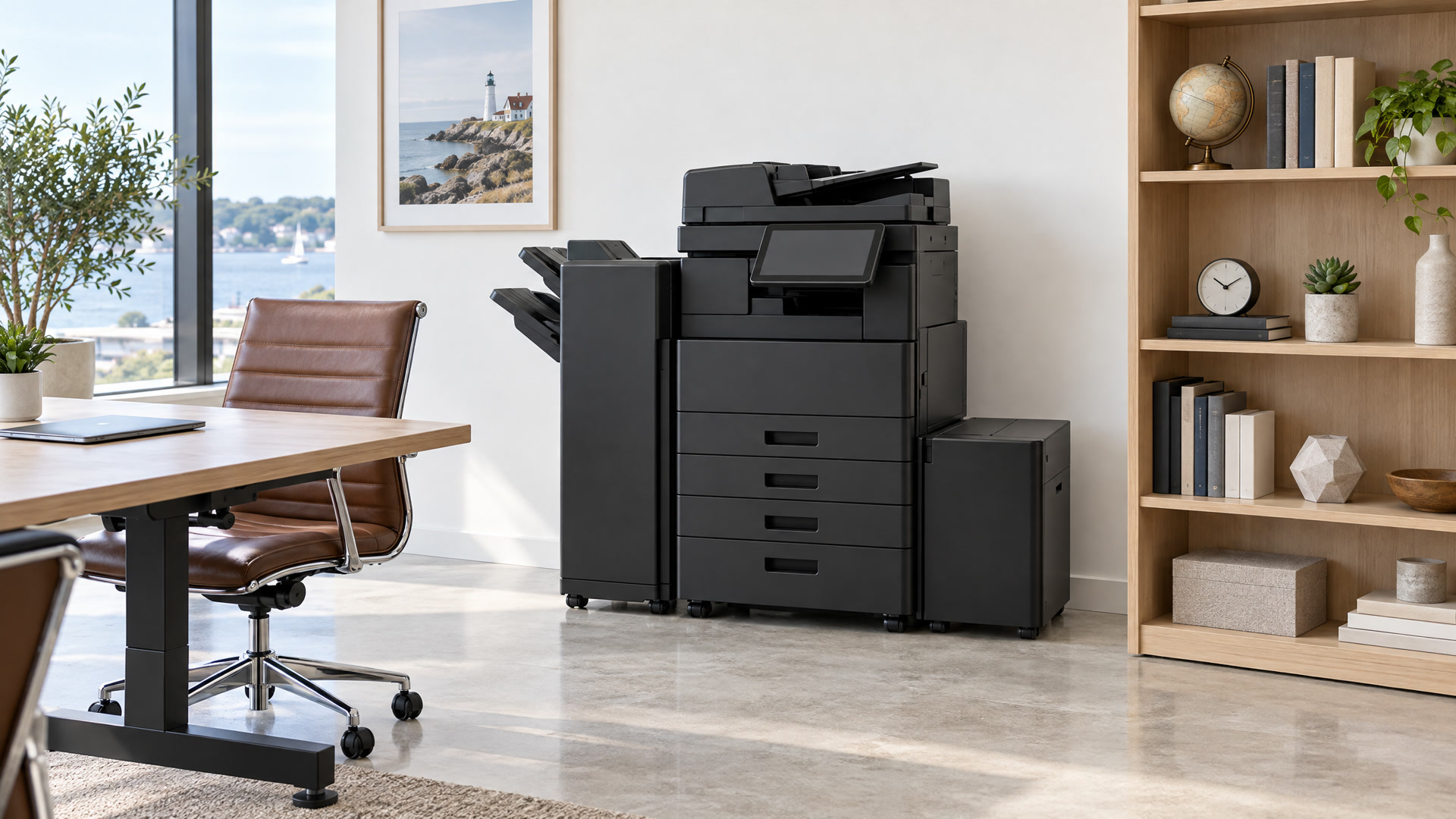 A large black multifunction office printer in a bright coastal office, with a desk on one side and a bookshelf on the other