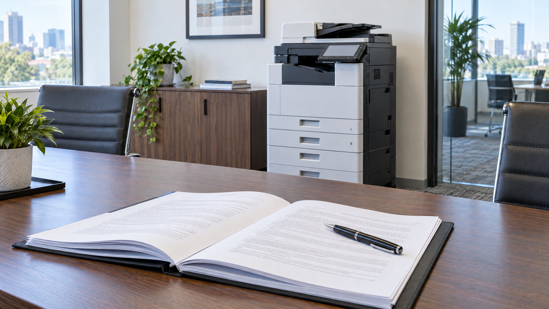 An open service contract on a conference table with an office copier behind it