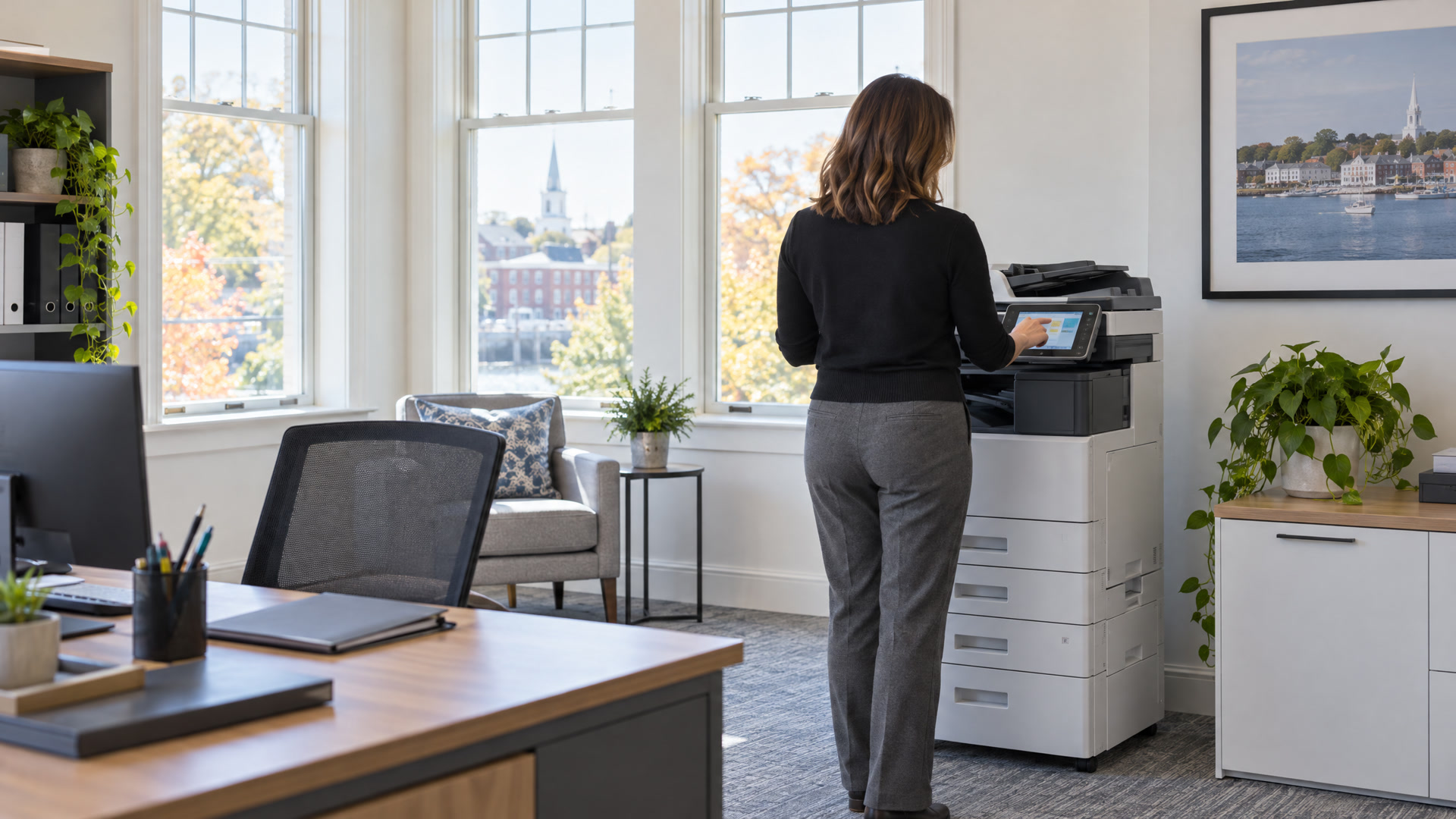 An office manager checking a multifunction copier in a bright New England office